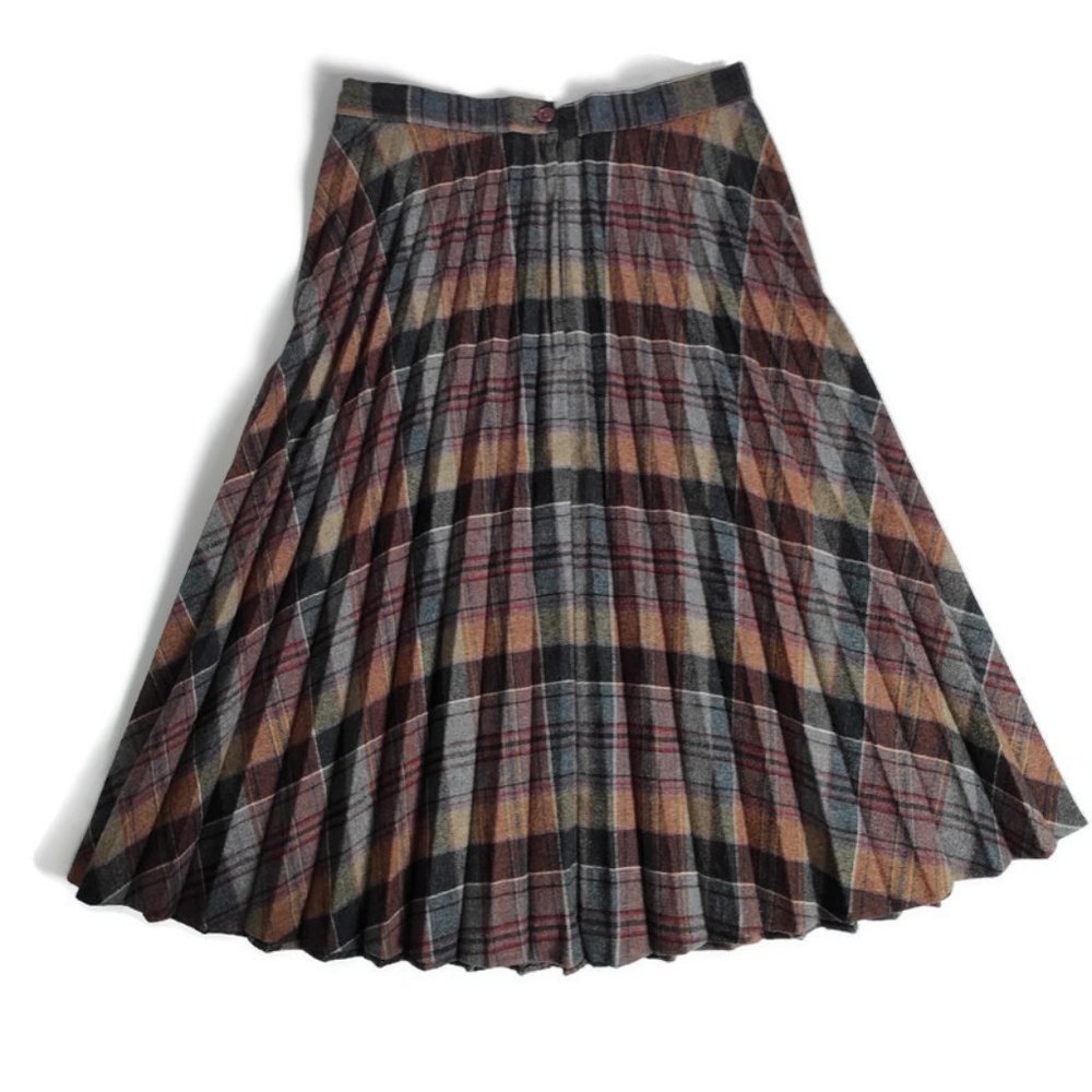 Pleated Tartan Midi Skirt Plaid Wool Blend Vintage 70s Burgundy Blue Small